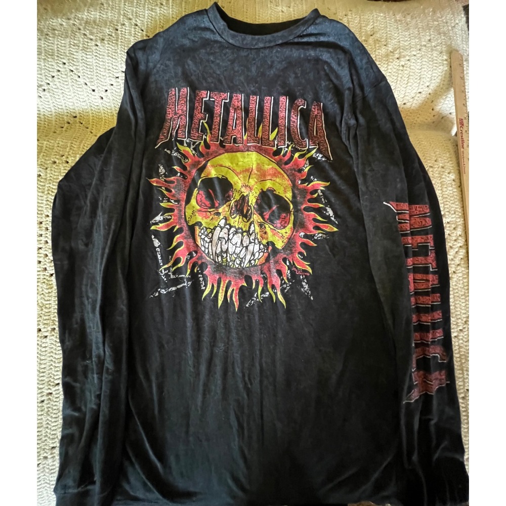 Metallica Long Sleeve Graphic T-Shirt Mens XL Black Acid Wash Flaming Skull 2021